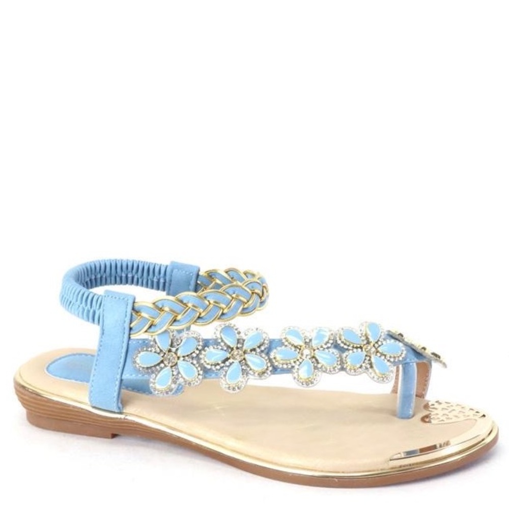 1 Left! Italina Sleek Black Vinyl Floral Rhinestone Embellished Toe Ring Sandal - Picture 6 of 13